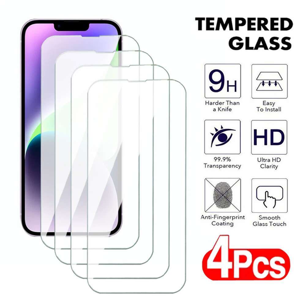 4Pcs 9H Hardness Tempered Apple 14 15 16 Pro Max Screen Protector For iPhone 13 mini Transparent Glass Film