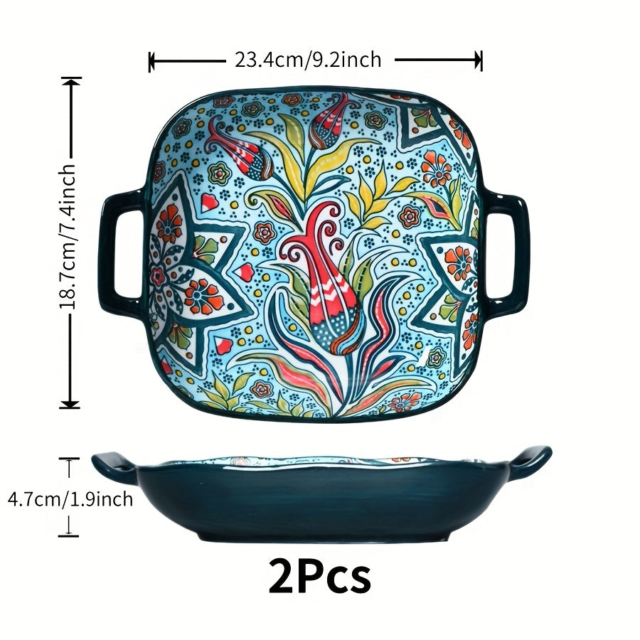 TEMU 1-2-4pcs Square Ceramic Salad Plates - Bohemian Style With Handles, Bohemian Ceramic Plate Set Kitchen Accessories Household Tableware, Steak