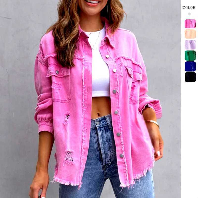 Women Pocket Hole Tassel Turndown Collar Denim Button Casual Boho Full Long Sleeve Spring Winter Cardigan Jacket Coats OuterwearX240920
