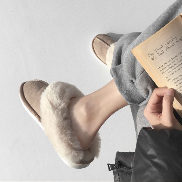 women slipper fashion sandals black brown Fur warm outdoor wear winter casual slippers