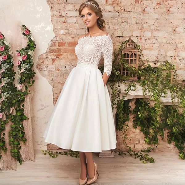 Vintage Short Wedding Dress For Women Long Sleeve Scoop Collar Tea Length Lace Satin A Line Bride Party Gowns Vestidos De Noiva Casamento