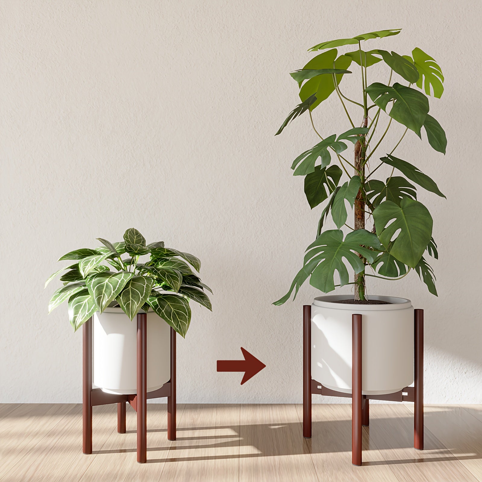 TEMU Adjustable Height Indoor Plant Stand - Bamboo-like Wooden Style With Curved Legs & Irregular Shape, 8-12 Inch Tall Space-saving Corner Planter
