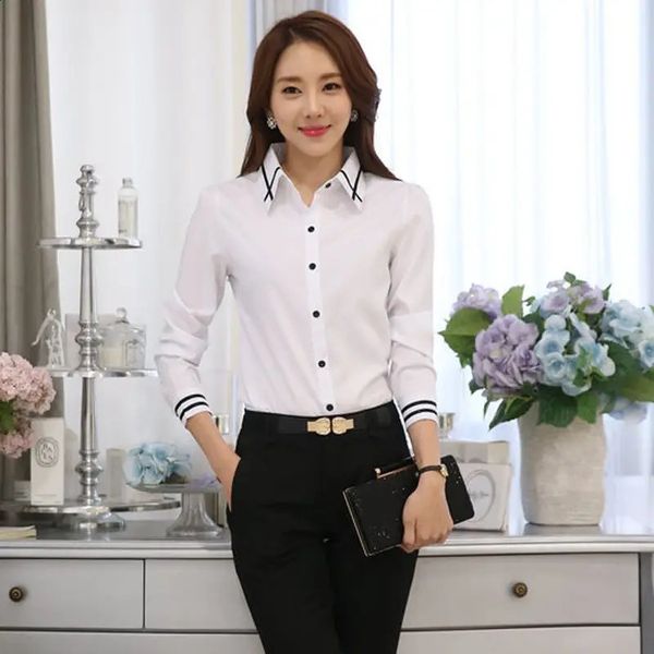 Primavera Verão Summer Branco Slim Camisa Tops Polo Polo de manga longa Allmatch Plus Tamanho Moda Moda Office Clothing 250120