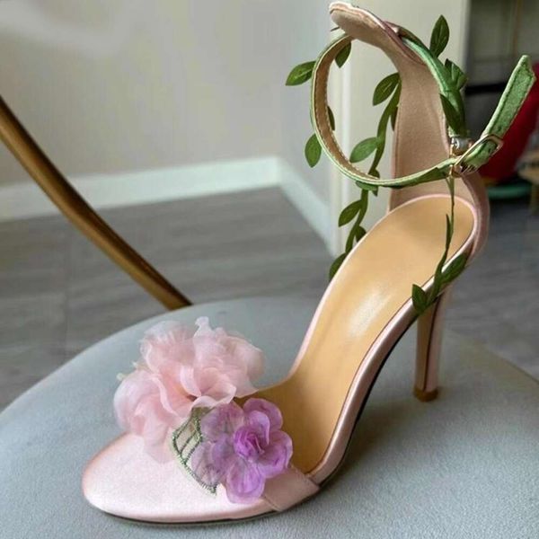 Fashion Flower Green Leaves High Heel Sandals Floral Open Toe Thin Heels Summer Dress Unique Club Evening Shoes