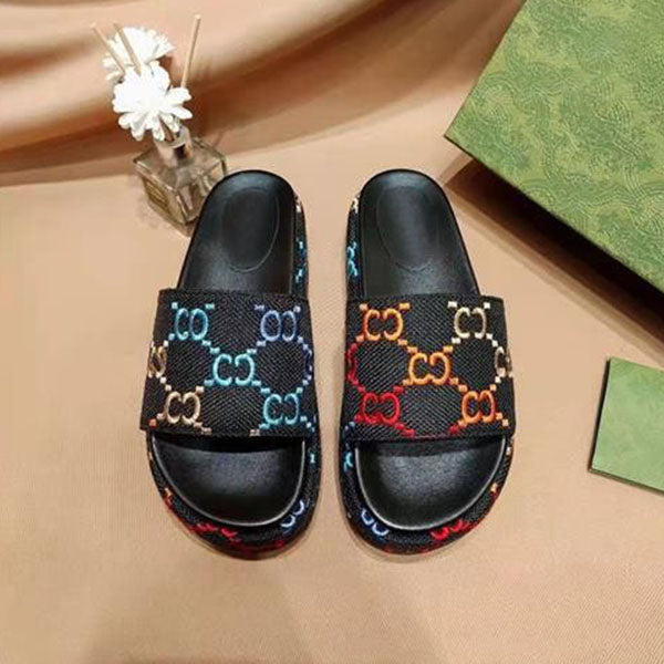 Designer Slipper Platform Sandals Classic Embroidered Canvas Slippers Multicolor Flat Mules Thick Sole Linen High Heel Sandal Flip Flops Women Men S