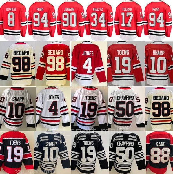 Man Ice Hockey 98 Connor Bedard Jerseys Jonathan Toews Seth Jones Corey Perry Ryan Donato Tyler Johnson Nick Foligno Petr Mrazek Patrick Sha