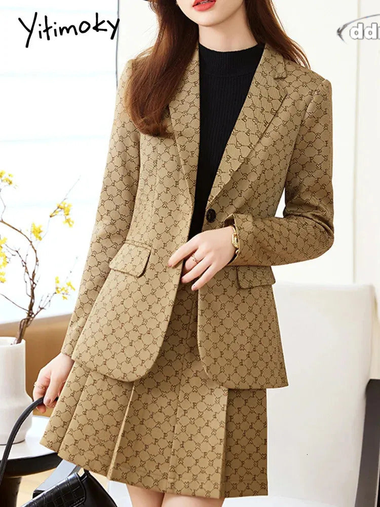 Khaki Elegant Temperament Long Sleeved Professional Jacket Skirt Two Piece Set Color Plaid Slim Fit Business Casual Suit 250723 TUES