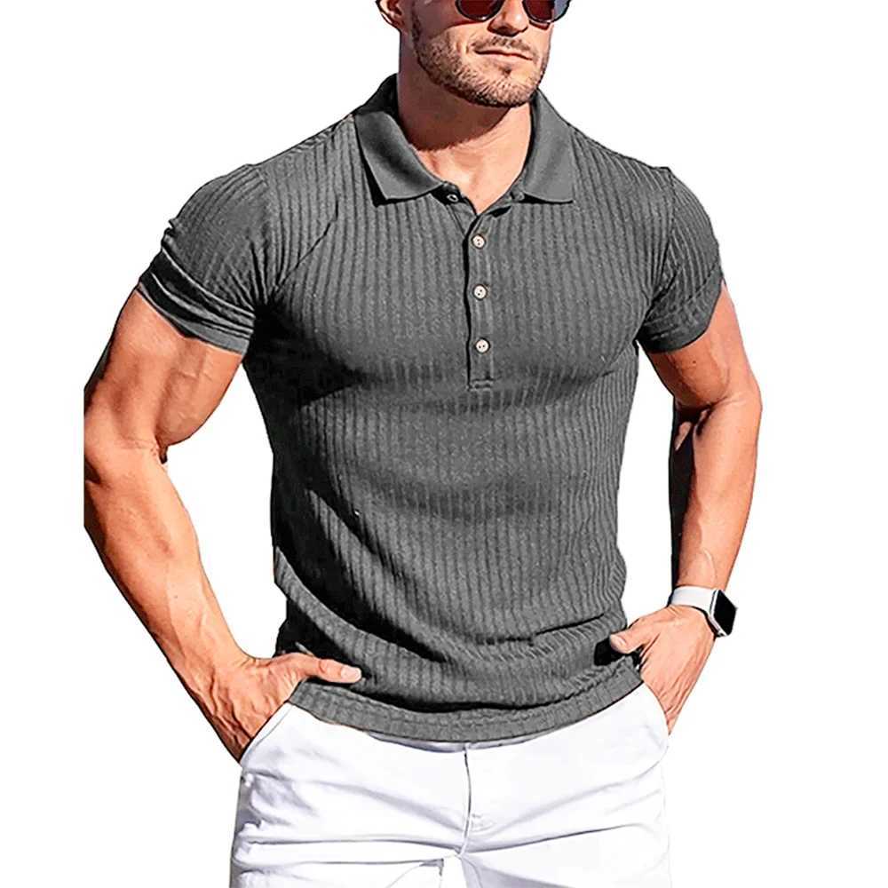 New Mens Elastic Short-sleeved Polo Shirt Mens Solid Color Striped Fitness Collar Mens Shirt Summer Anti-pillingXJ240920