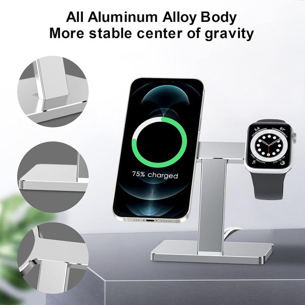 EWA 2 in1 Charger, Aluminum Alloy Desktop Stand Holder Dock, Compatible with MagSafe Charger for iPhone