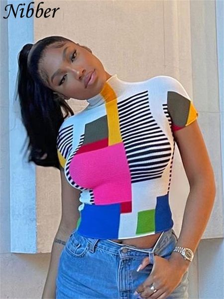 Women&#039;s Tanks Camis Nibber Top Ladies Patchwork Printed Half Turtleneck Short Sleeves Female Outgoing All-match Clothing Summer 230510