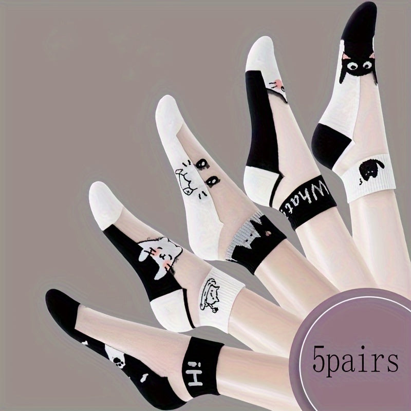 TEMU 5-pack Women' & White Cat Design Breathable Mesh Short Socks - Cute Animal Patterns, Lace Trim, Non-slip & Durable For Everyday Casual Wear, Cat