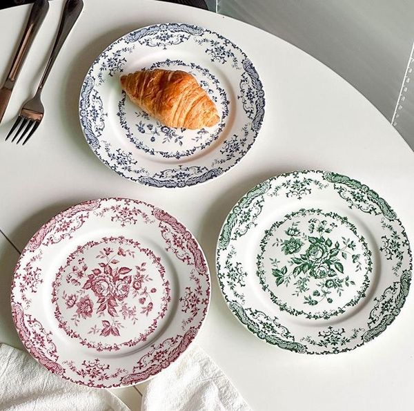 European Style Plates Rose Floral Dinner Dishes Lace Relief Western Dinner Ceramic Dessert Plate ni171