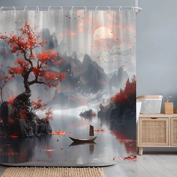 Japanese Red Cherry Blossom Sea View Shower Curtains Chinese Landscape Ink Spray Painting Fabric Bathroom Decoration 240828