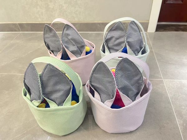 Party Supplies Easter Basket party Plaids Seersucker Rabbit Ears Baskets Cute Bunny Kids Candy Egg Gifts Storage Tote Bags Ear Handbag