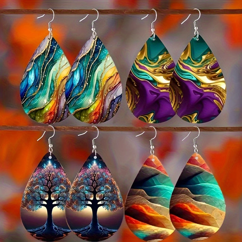 TEMU 4 Pairs Bohemian Y2k Gothic Rainbow Ombre Marble Teardrop Wooden Dangle Earrings - , Vibrant Colors, Smooth Polished , Casual Attire, Women's