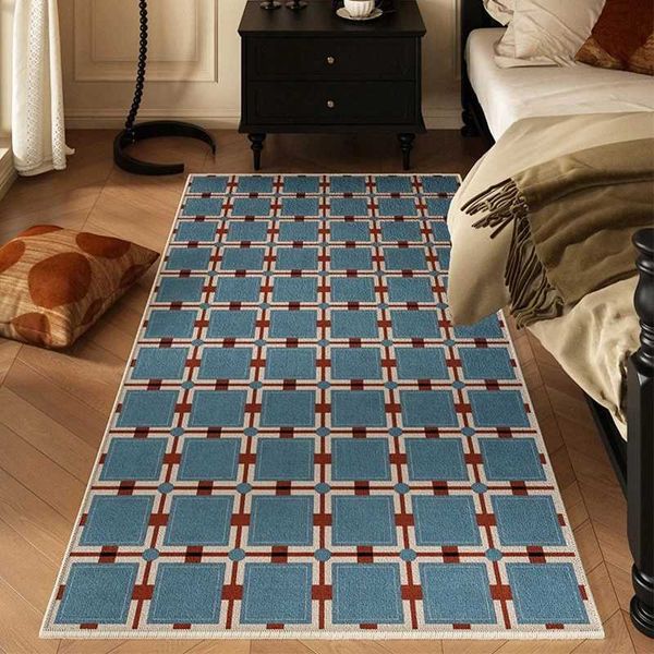 Carpet for Bedro Floor Mat Bedside Foot Mats Blue Plaid Long Rug Retro Minimalist He Decoration Rugs Living Ro Alfbra Z250208