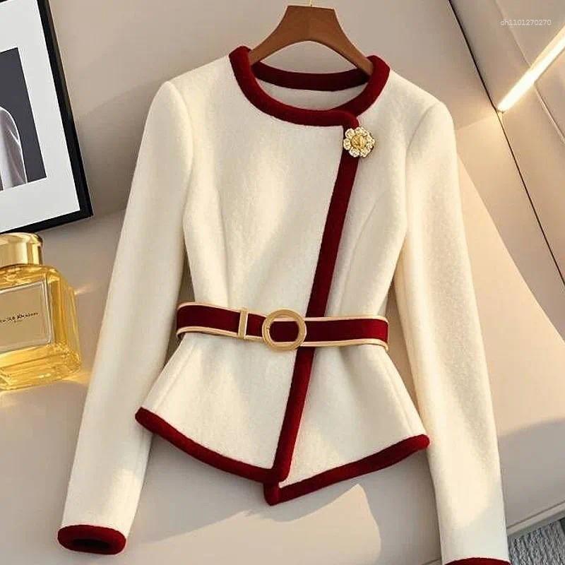 Women&#039;s Jackets Limiguyue Small Fragrance Thick White Jacket Women Design Irregular Coat Autumn Winter Chic Diamond Belt Cardigan High End