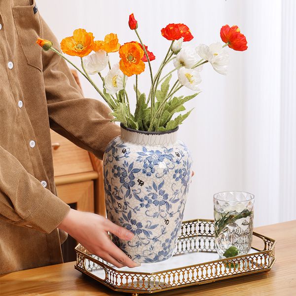 ddmygifts Blue and white porcelain vase living room flower arrangement, Chinese classical ceramics, American decoration, foyer porcelain, hi