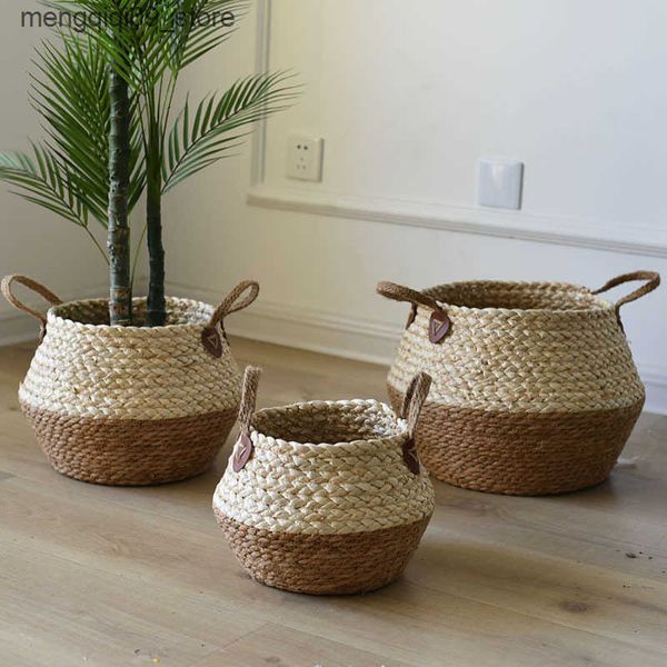 Planters Pots Grass woven decorative basket flower pot cover rattan woven flower pot fresh flower basket foldable woven home plant L240910