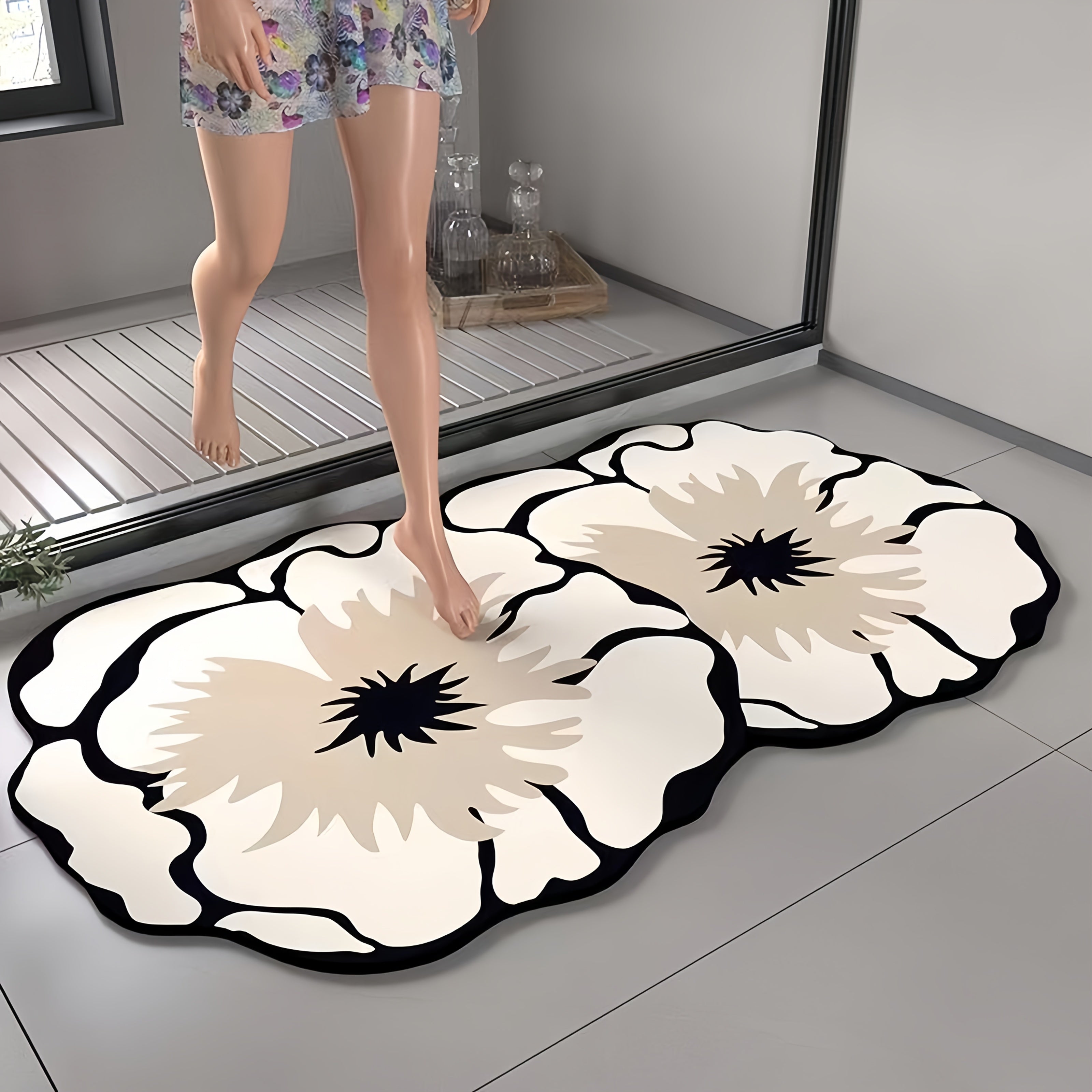 TEMU 1pc Soft Diatomite Bath Mat With Beige & Black - Super Absorbent Quick-dry Non-slip Shower Mat, Beige-white- Bathroom Carpet, Easy Clean