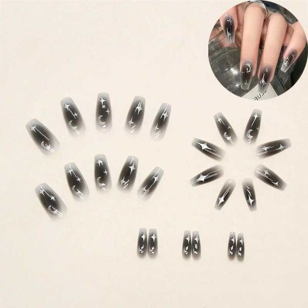 Gradient black fake nails girl charm press nail silver star moon print medium long ballet dancer fake nail tips Y250108