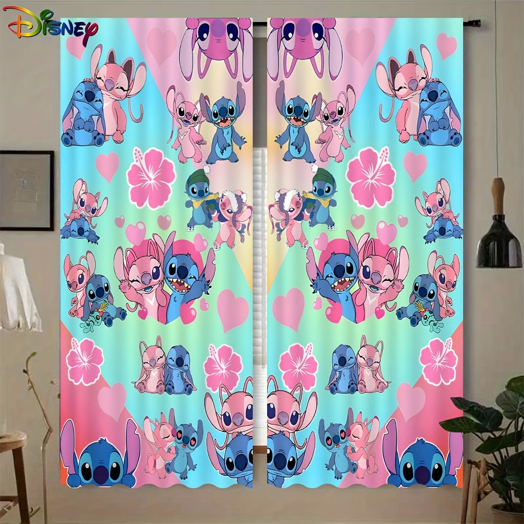 TEMU 2pcs Stitch Cartoon Curtains - Luminous Cartoon Design, Machine Washable Polyester, Decorative Blackout Panels For Bedroom And Living Room,
