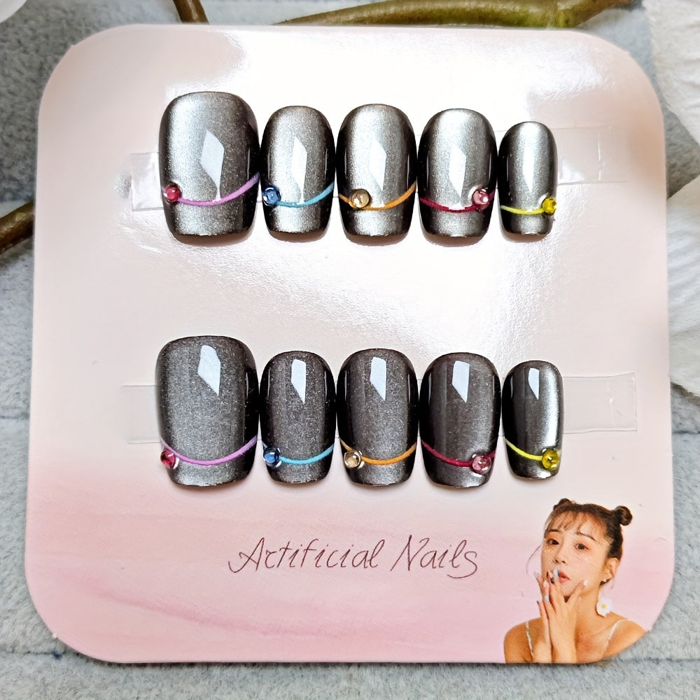 TEMU 10pcs Handmade Glossy Short-t Press On Nails Fake Nails Glitter Black Stripe With Shiny Artificial Reusable False Nails For Women And Girl