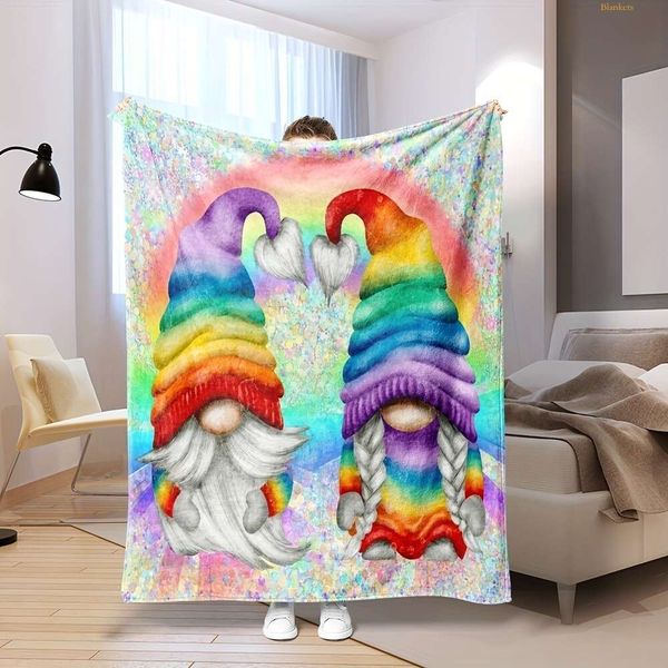 Creative Cute 1pc Gnome Pattern Flannel Print Soft Casual Warm Multi-purpose Office Throw Outdoor Camping Travel Blanket, Valentine&#039;s D