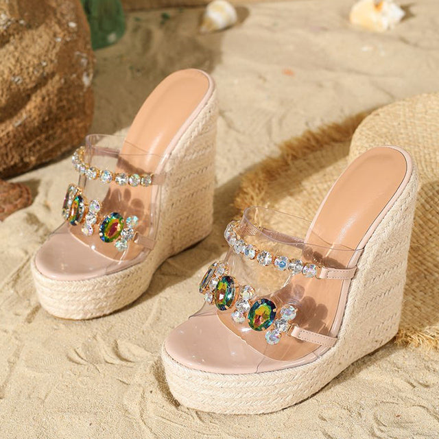 PVC Liyke Transparent Shoes For Women 14.7CM Wedges Slippers Fashion Crystal Chain Sandals Female Open Toe Platform High Heels 287e 67e