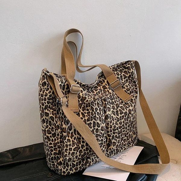 Drawstring Women Canvas Zipper Shoulder Bag Vintage Leopard Handbag Casual Tote Female Eco Crossbody Japanse Style School Messenger