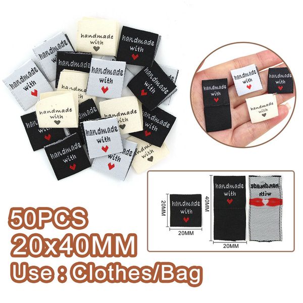 Black White Beige Clothes Tags Handmade With Love Labels For Hats 50Pcs Hand Made Label Sew Crafts Knitting Accessories 2x4CM