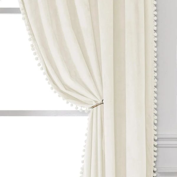 Pom Velvet Curtains for Bedroom Blackout Room Darkening Sun Light Blocking Rod Pocket Window Drape Sheer Curtains 241224
