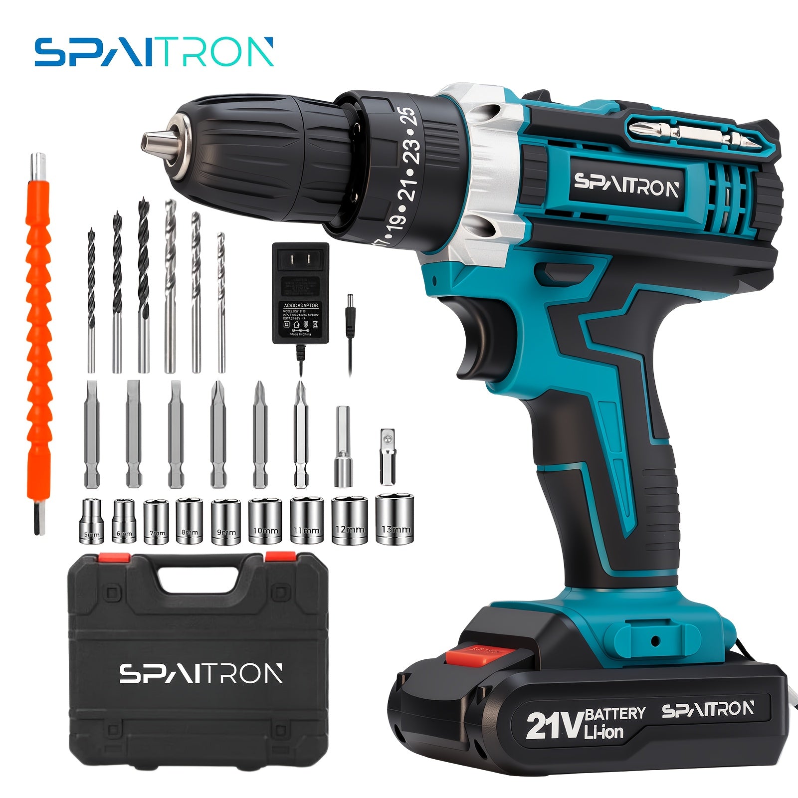 TEMU Spaitron - 21v Max Cordless Lithium Impact Drill And Driver, - Brushless , Power Tool Combo Kit With 2 Batteries And Charger, 24pcs Accessories