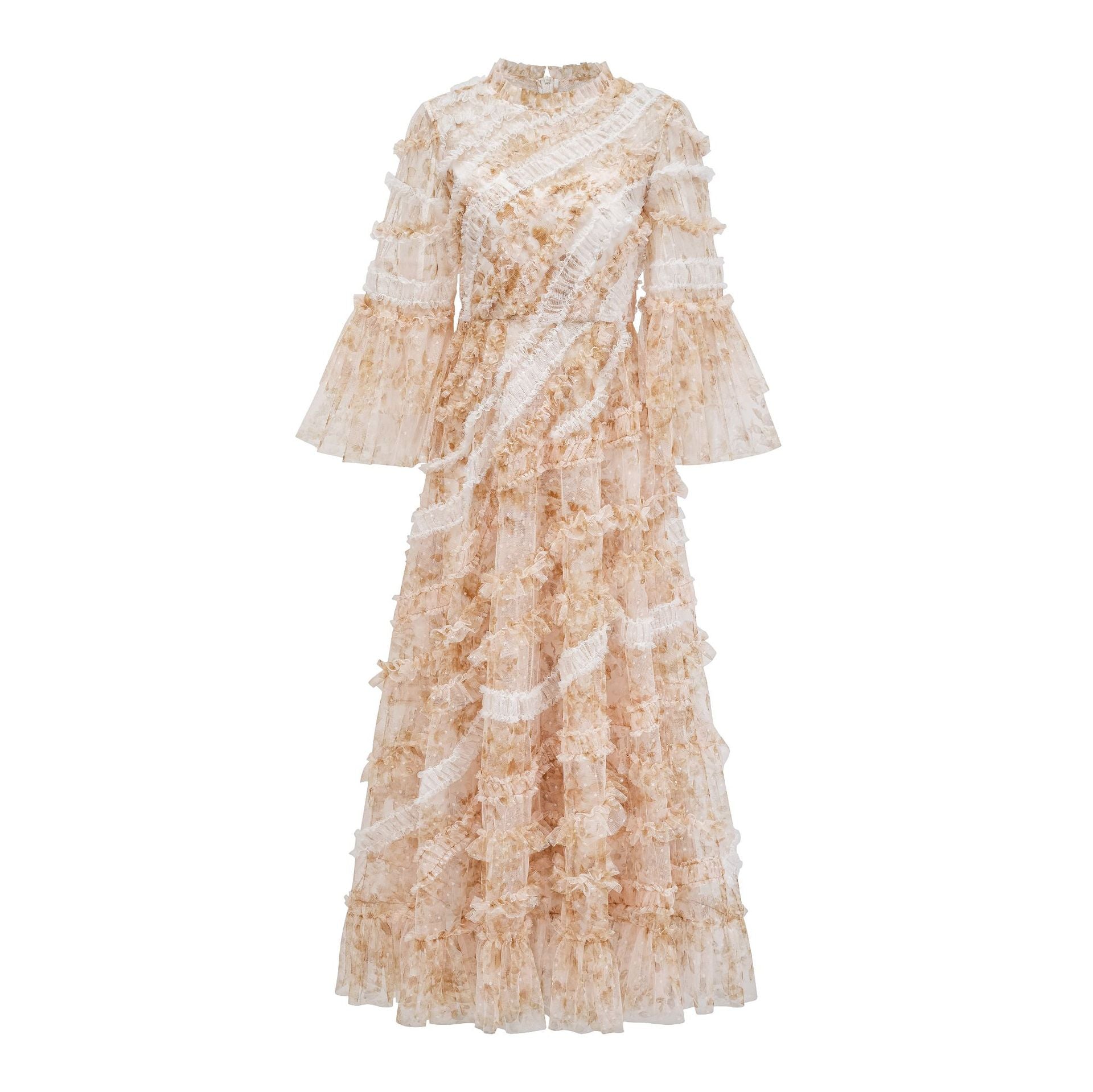 (35) Fashionable banquet dress long skirt round neck mesh splicing layered swing slim dress