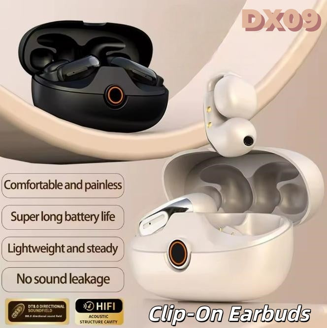 DX09 Wireless Bluetooth Clip-On Earbuds Over-Ear Hook Design for Men & Women Universal Use Sports Headphones with Long Battery Life & High Sound Qua