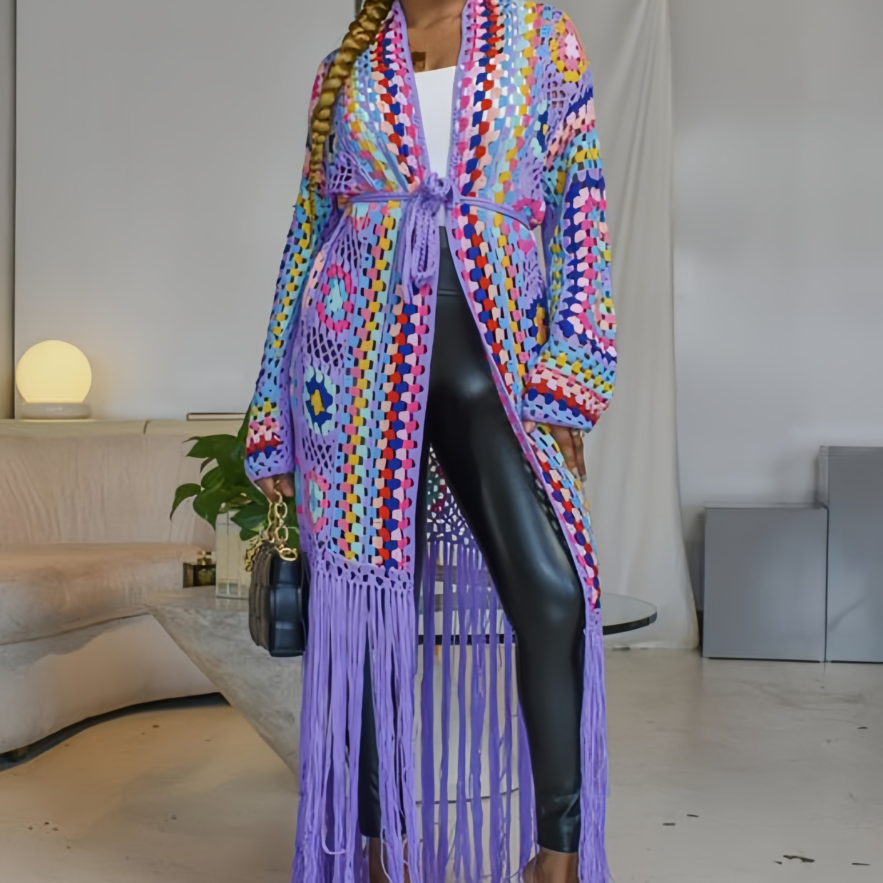 TEMU Women's Knitted Open-front Cardigan, Casual Tassel Long-sleeved Hollow Hand-crocheted Long Coat For Women Swimsuit