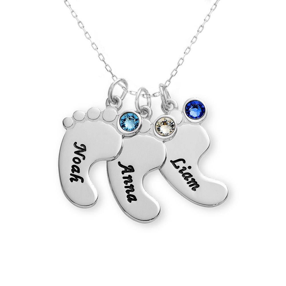 Mum Jewellery - Baby Feet Necklace with Birthstones in 10ct Solid White Gold