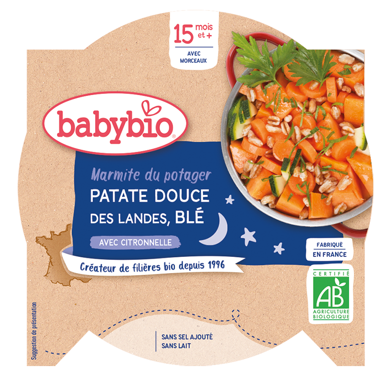 Farfurie Babybio - 15 luni și mai mult - Cartofi dulci, Grâu - BIO 260 g