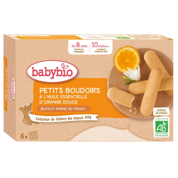 Babybio Biscuits - 8 månader och mer - Små Boudoirs med söt apelsin eterisk olja - EKOLOGISK 6 påsar med 4 boudoirer