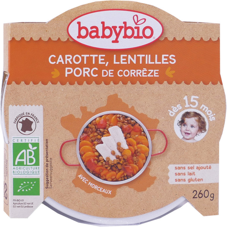 Babybio Mezzogiorno tallerken - 15 måneder og derover - Gulerod, linser, svinekød - ØKOLOGISK 260 g