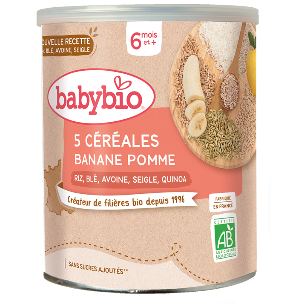 Babybio Céréales - 6 mois et + - 5 Céréales Banane Pomme - BIO 220G