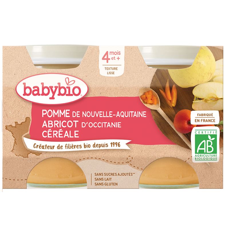 Borcane cu fructe Babybio - 4 luni si + - mere, caise, cereale - BIO 2x130 g