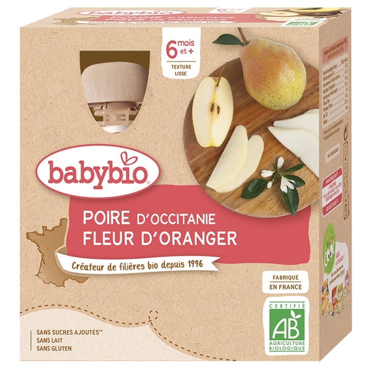 Babybio Biberons Fruits - 6 mois et plus - Poire, Fleur d'Oranger - BIO 4x90 g