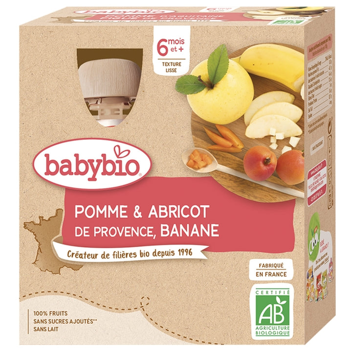 Babybio fruktflaskor - 6 månader och + - Äpple, Aprikos, Banan - EKOLOGISK 4x90 g
