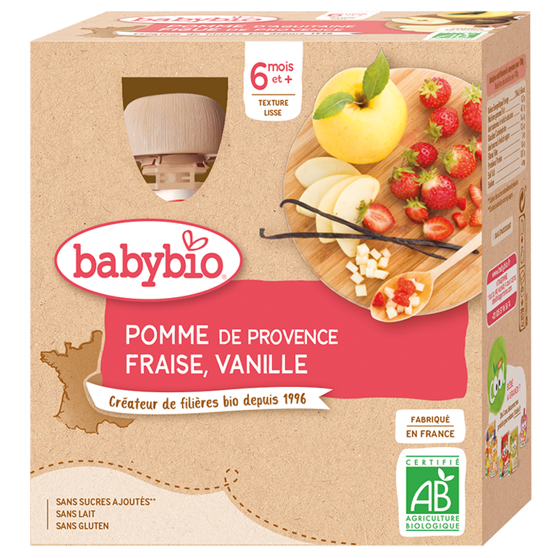Butelki Owocowe Babybio - 6 miesięcy i więcej - Jabłko, Truskawka, Wanilia - ORGANICZNE 4x90 g