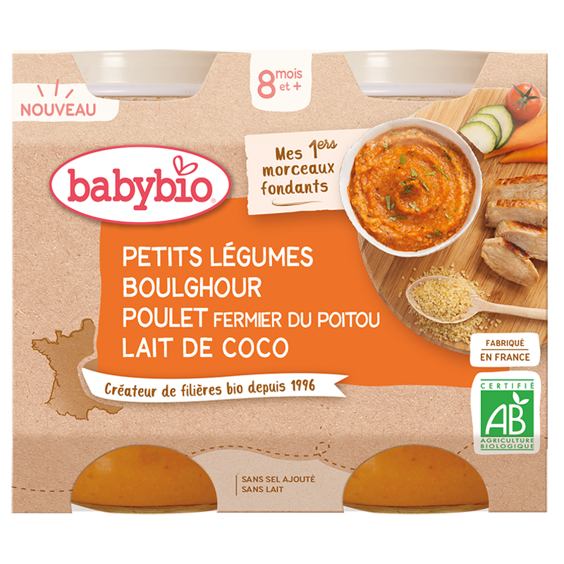 Babybio Małe Słoiczki - 8 Miesiąca i + - Małe Warzywa Bulgur Kurczak Mleko Kokosowe 2 x 200g
