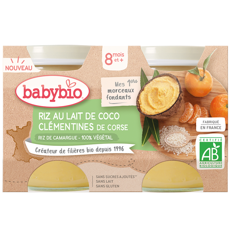 Babybio Dessertkrukor 8 månader och + ris med kokosmjölk Clementines of Corsica 2x130g