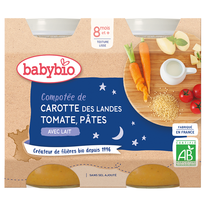 Babybio Dinner Pots - 8 mois et plus - Composé Carotte, Tomate, Pâtes - BIO 2x200 g