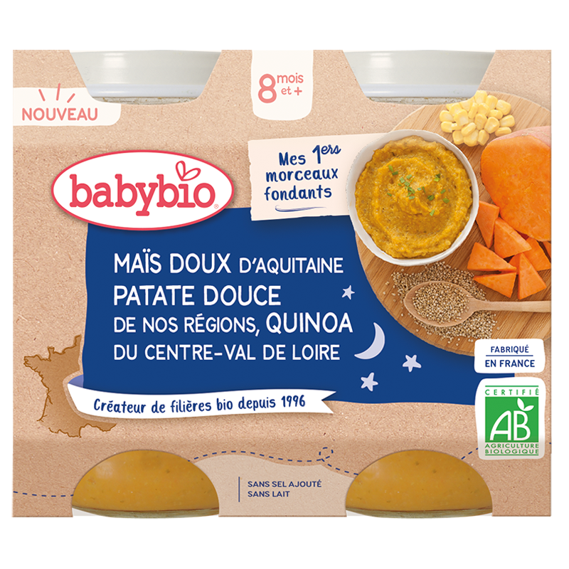 Babybio middagskrukker - 8 måneder og + - søtmais søtpotetquinoa 2x200g