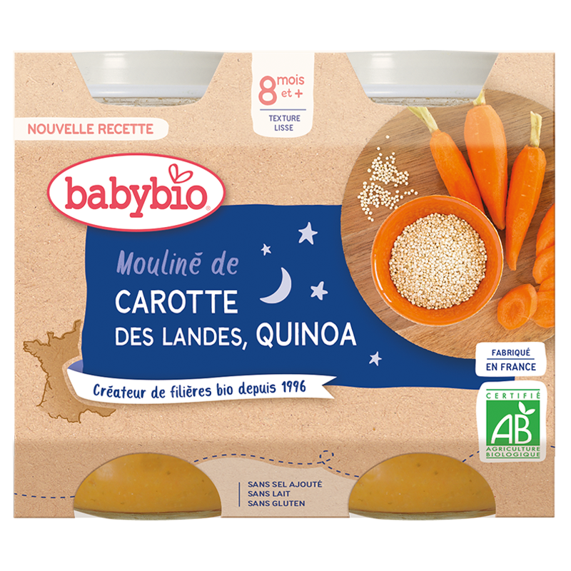 Babybio Middagsburkar - 8 + månader - Morotsmald, Quinoa - BIO 2X200G